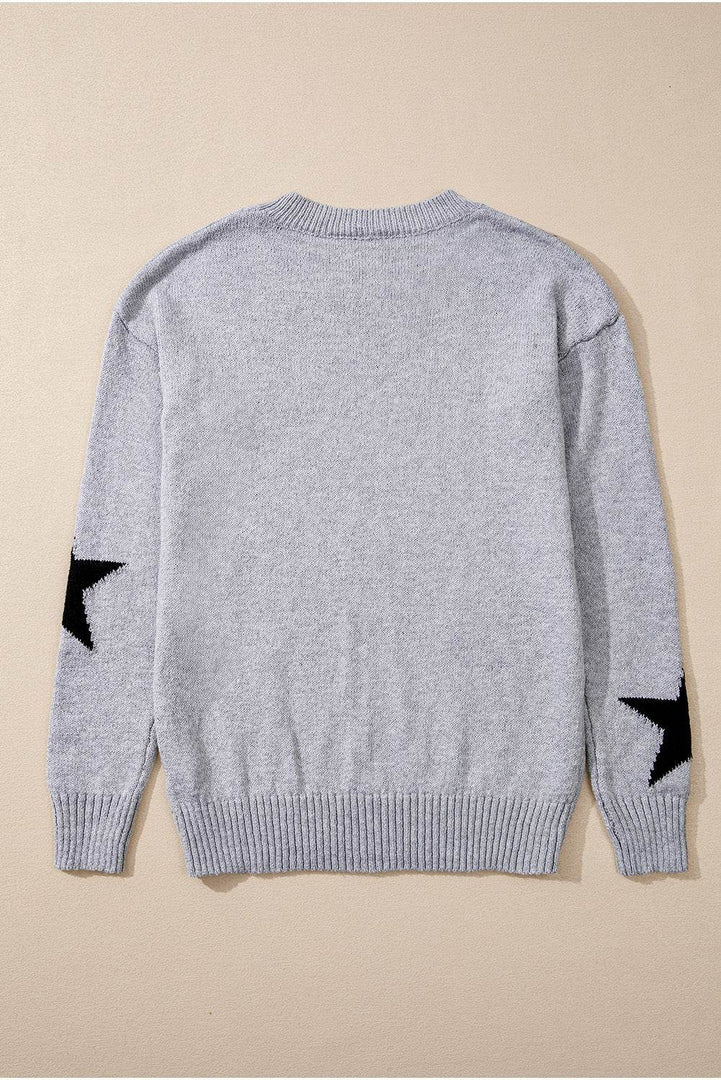 Gray Star Pattern Drop Shoulder Sweater - Fashion Queen -  12