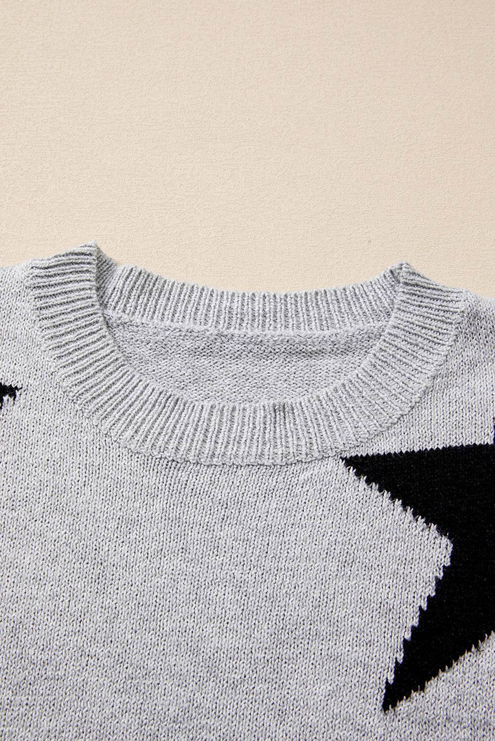 Gray Star Pattern Drop Shoulder Sweater - Fashion Queen -  13