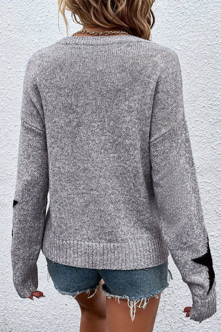 Gray Star Pattern Drop Shoulder Sweater - Fashion Queen -  2