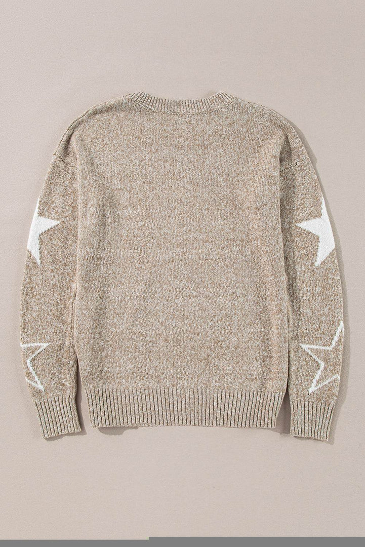 Gray Star Pattern Drop Shoulder Sweater - Fashion Queen -  27