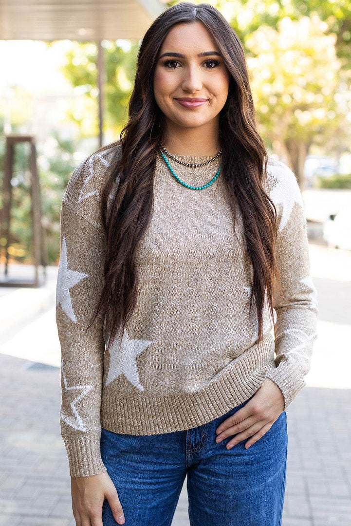 Gray Star Pattern Drop Shoulder Sweater - Fashion Queen -  4