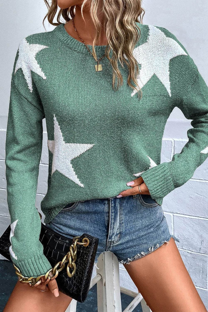 Gray Star Pattern Drop Shoulder Sweater - Fashion Queen -  9
