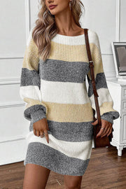 Gray Stripe Colorblock Bubble Sleeve Drop Shoulder Sweater Dress - Fashion Queen -  1