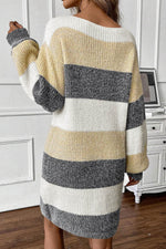 Load image into Gallery viewer, Gray Stripe Colorblock Bubble Sleeve Drop Shoulder Sweater Dress - Fashion Queen -  2
