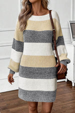 Load image into Gallery viewer, Gray Stripe Colorblock Bubble Sleeve Drop Shoulder Sweater Dress - Fashion Queen -  3
