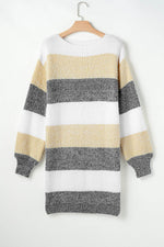 Load image into Gallery viewer, Gray Stripe Colorblock Bubble Sleeve Drop Shoulder Sweater Dress - Fashion Queen -  4
