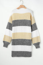Load image into Gallery viewer, Gray Stripe Colorblock Bubble Sleeve Drop Shoulder Sweater Dress - Fashion Queen -  5

