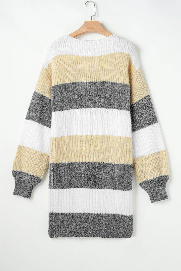 Gray Stripe Colorblock Bubble Sleeve Drop Shoulder Sweater Dress - Fashion Queen -  5