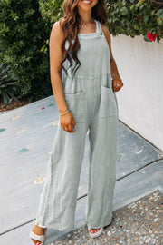 Gray Textured Wide Leg Overall with Pockets - Fashion Queen -  1