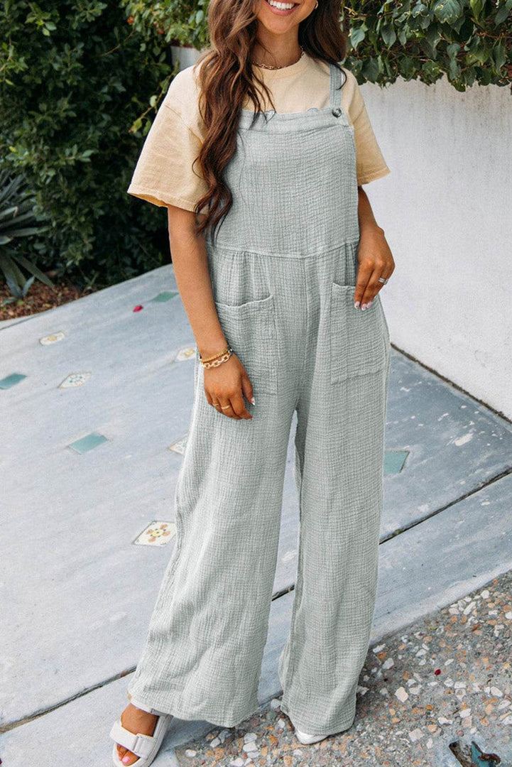 Gray Textured Wide Leg Overall with Pockets - Fashion Queen -  2