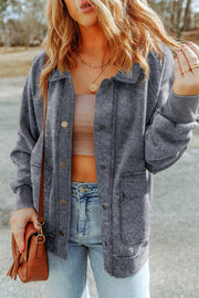 Gray Vintage Washed Flap Pocket Button Shacket - Fashion Queen -  1