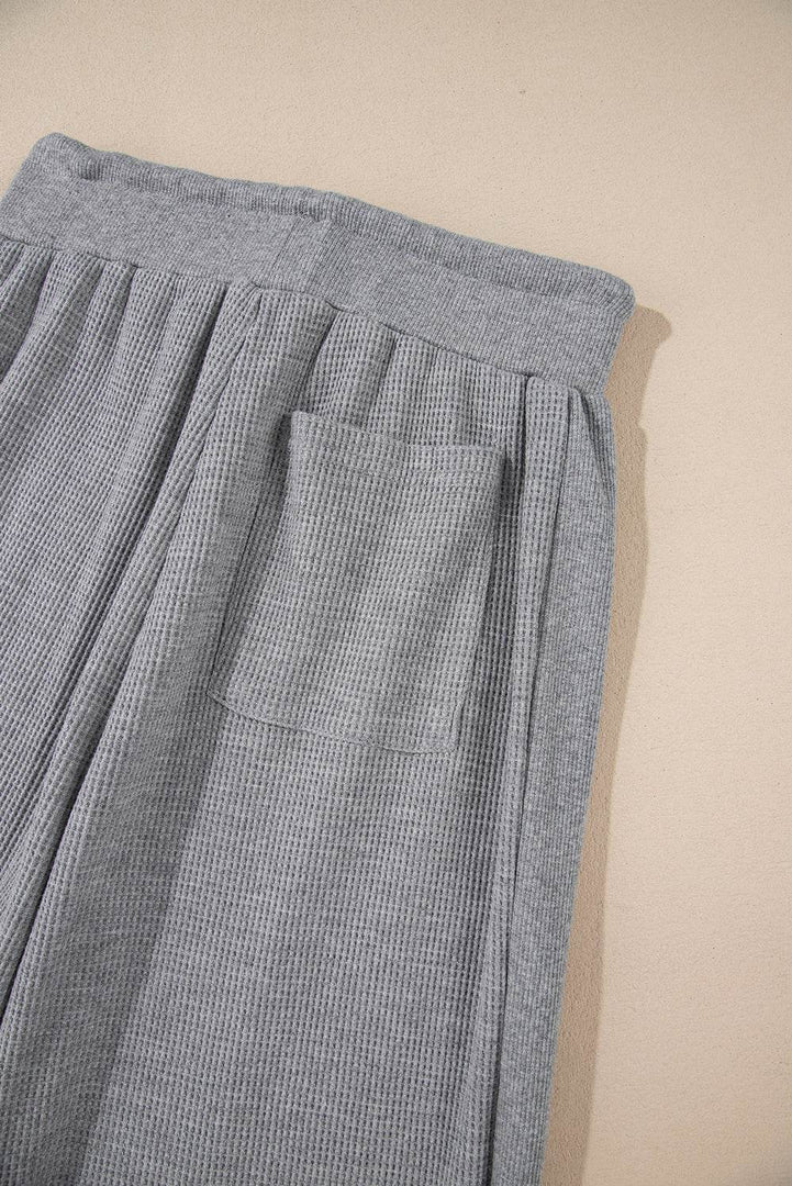 Gray Waffle Knit Drawstring High Waist Wide Leg Pants - Fashion Queen -  10