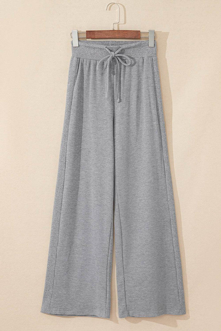 Gray Waffle Knit Drawstring High Waist Wide Leg Pants - Fashion Queen -  4