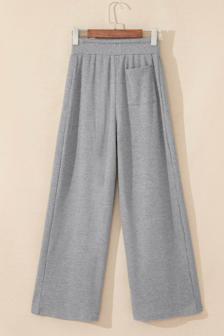 Gray Waffle Knit Drawstring High Waist Wide Leg Pants - Fashion Queen -  5