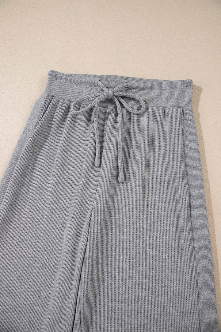 Gray Waffle Knit Drawstring High Waist Wide Leg Pants - Fashion Queen -  6
