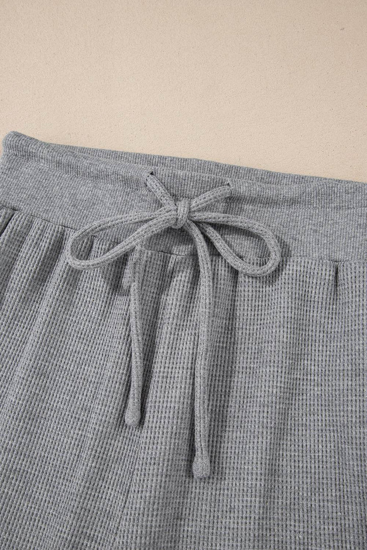 Gray Waffle Knit Drawstring High Waist Wide Leg Pants - Fashion Queen -  7