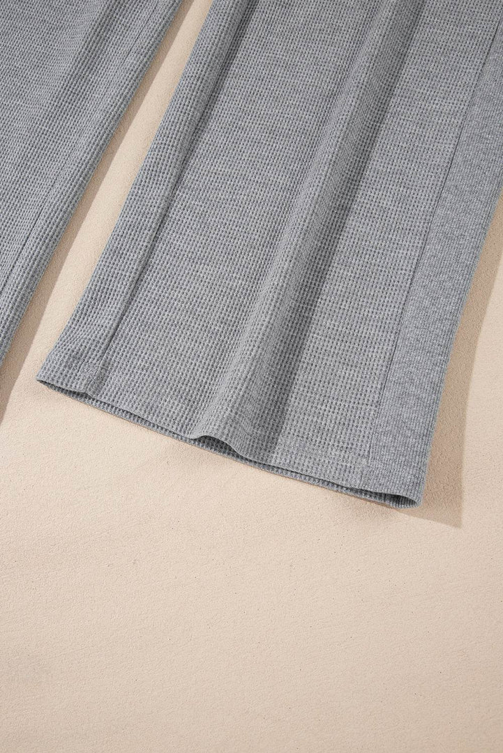 Gray Waffle Knit Drawstring High Waist Wide Leg Pants - Fashion Queen -  8