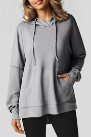 Gray Waffle Knit Fleece Lined High Low Oversized Hoodie - Fashion Queen -  1
