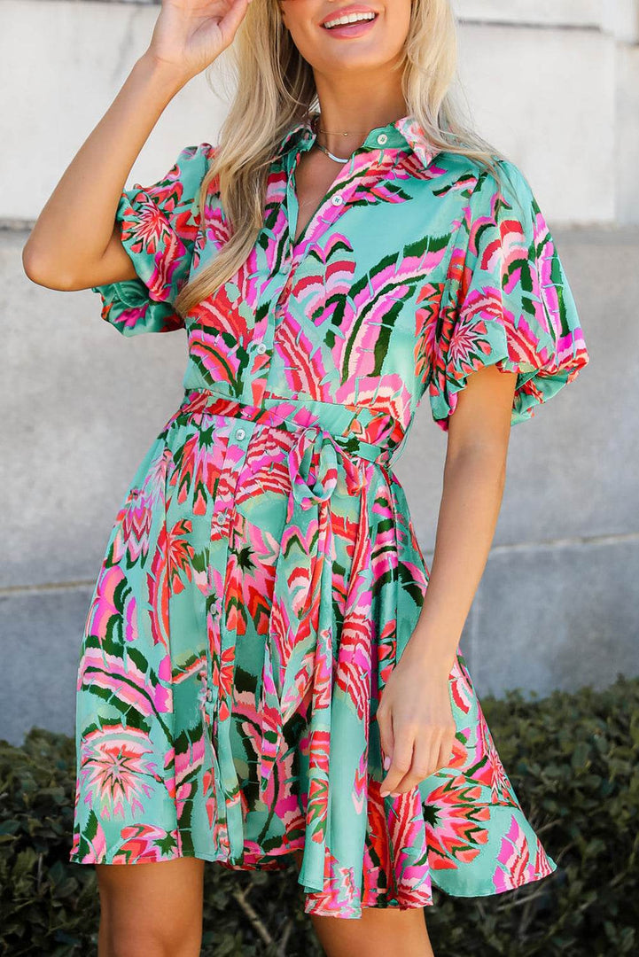 Green Abstract Print Lace-up High Waist Buttoned Mini Dress - Fashion Queen -  1