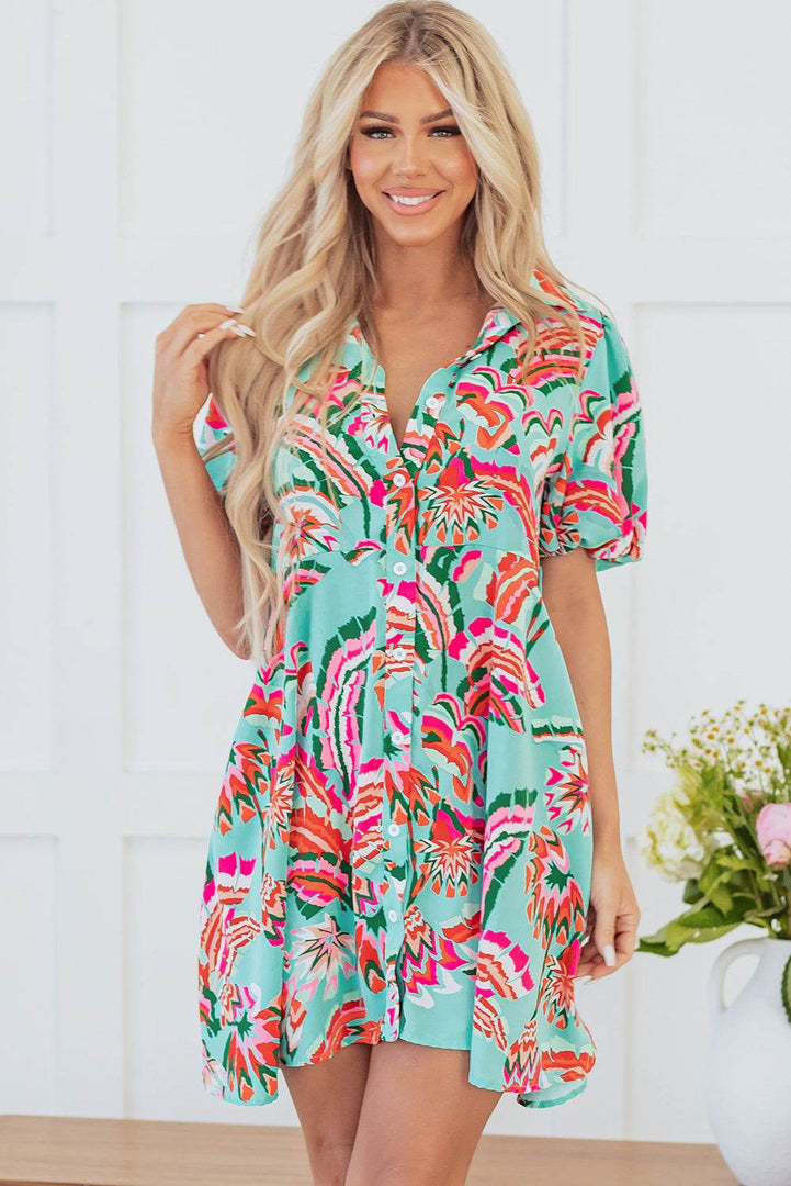 Green Abstract Print Lace-up High Waist Buttoned Mini Dress - Fashion Queen -  10
