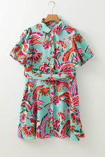 Load image into Gallery viewer, Green Abstract Print Lace-up High Waist Buttoned Mini Dress - Fashion Queen -  14
