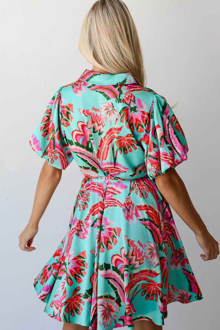 Green Abstract Print Lace-up High Waist Buttoned Mini Dress - Fashion Queen -  2