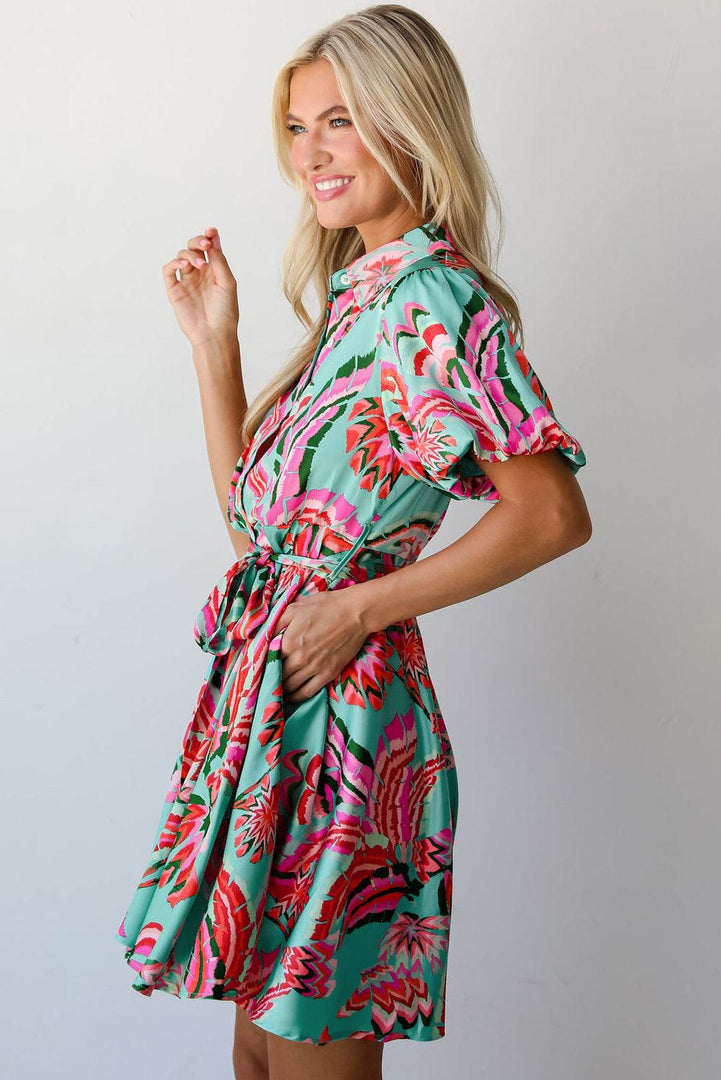 Green Abstract Print Lace-up High Waist Buttoned Mini Dress - Fashion Queen -  3