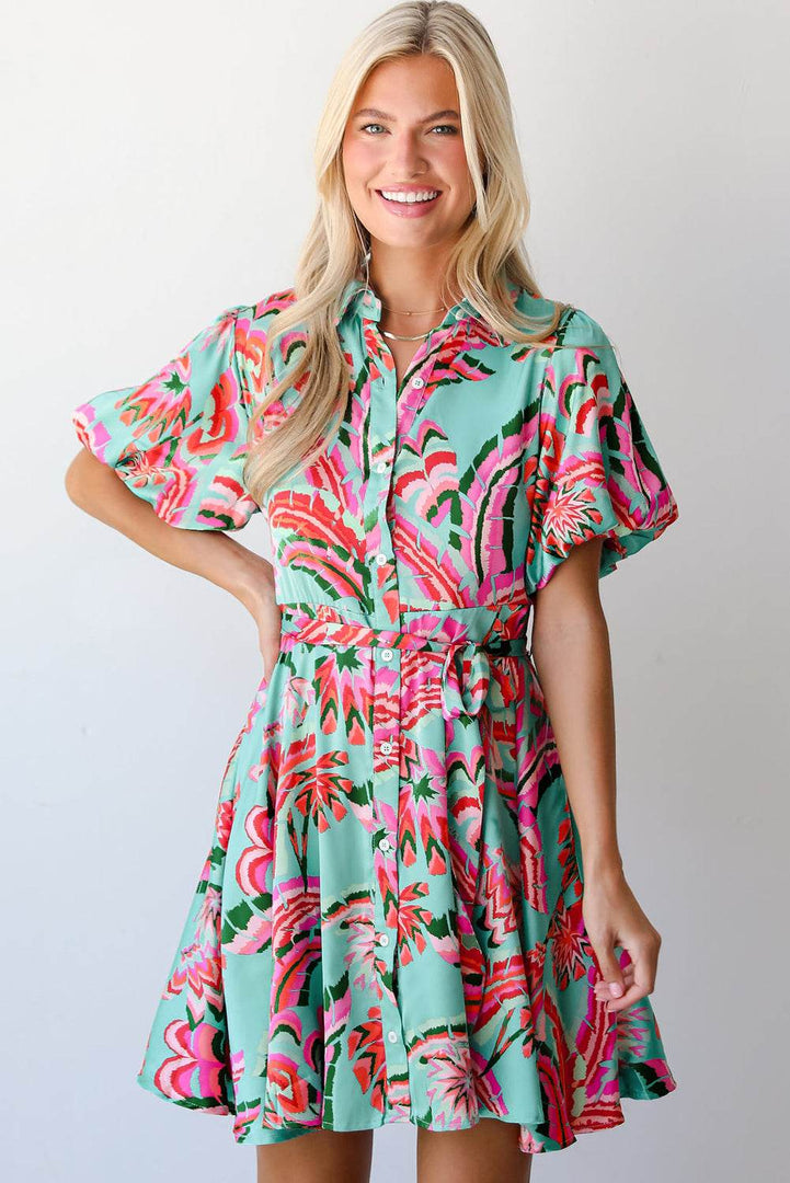 Green Abstract Print Lace-up High Waist Buttoned Mini Dress - Fashion Queen -  4