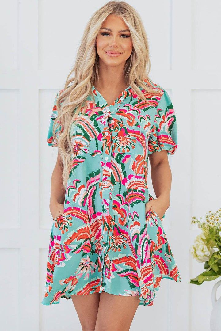 Green Abstract Print Lace-up High Waist Buttoned Mini Dress - Fashion Queen -  6