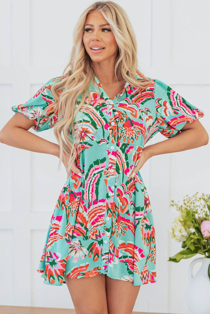 Green Abstract Print Lace-up High Waist Buttoned Mini Dress - Fashion Queen -  9