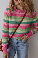 Load image into Gallery viewer, Green Color Block Ribbed Edge Round Neck Sweater - Fashion Queen -  1
