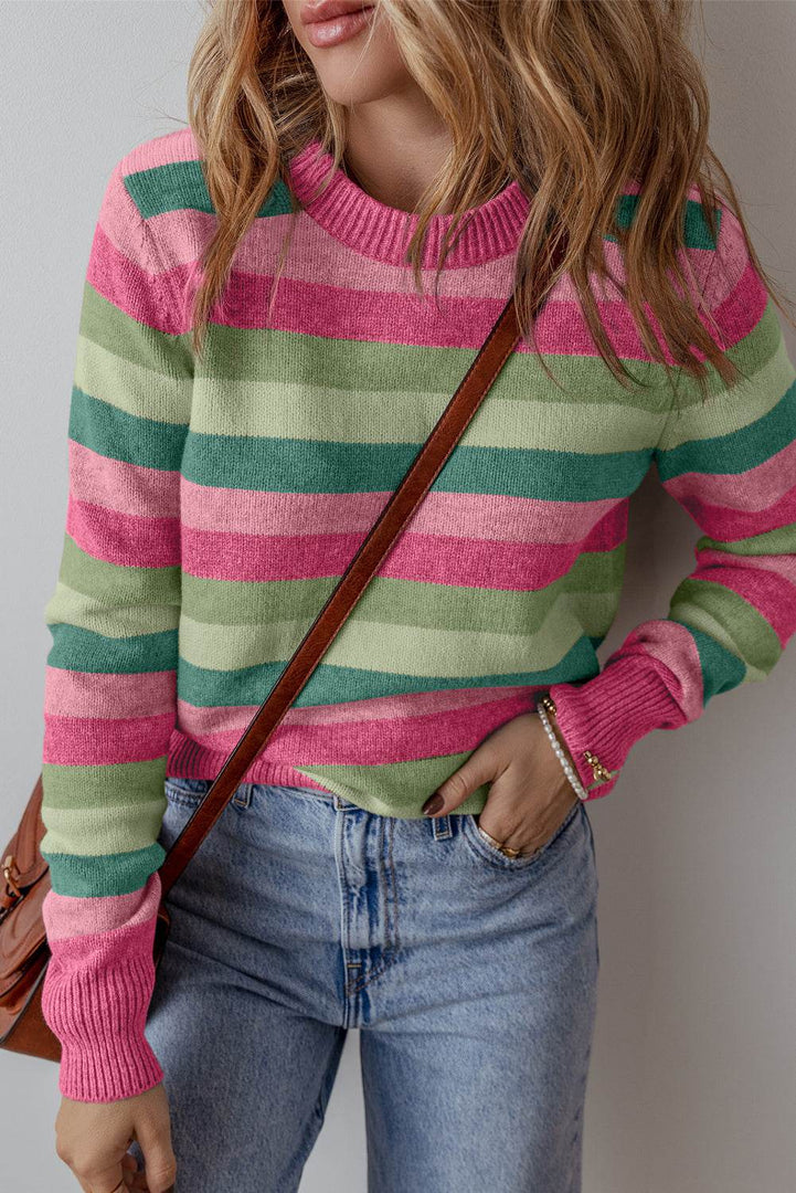 Green Color Block Ribbed Edge Round Neck Sweater - Fashion Queen -  1