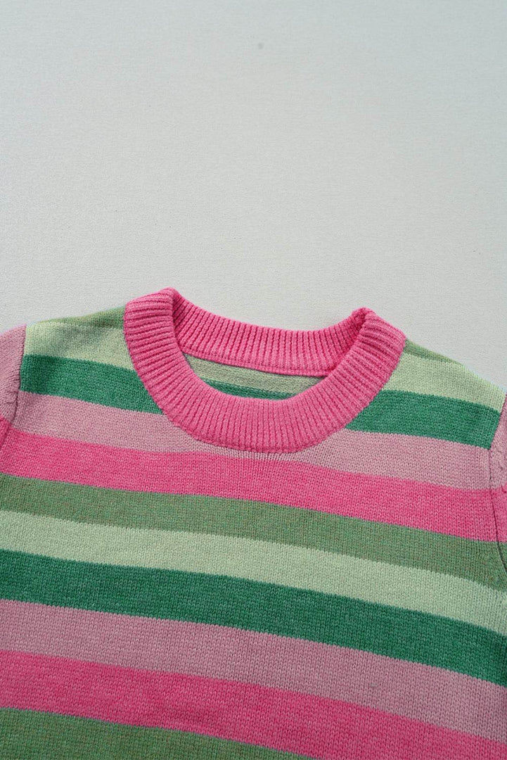Green Color Block Ribbed Edge Round Neck Sweater - Fashion Queen -  11