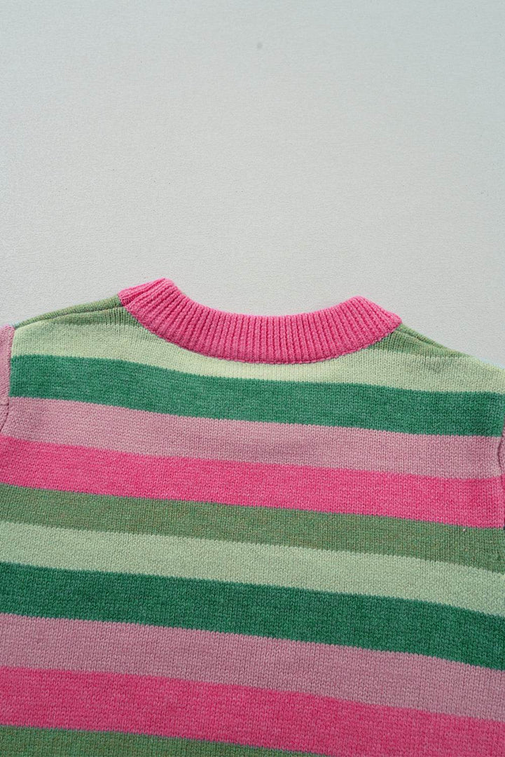 Green Color Block Ribbed Edge Round Neck Sweater - Fashion Queen -  12
