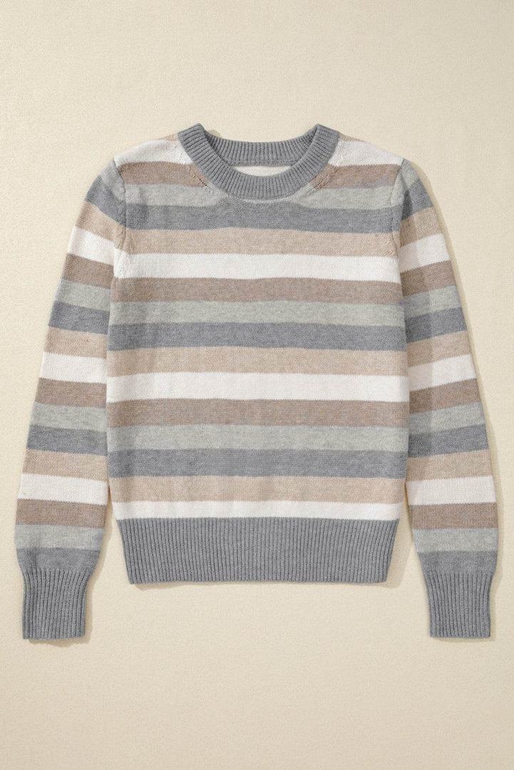 Green Color Block Ribbed Edge Round Neck Sweater - Fashion Queen -  14
