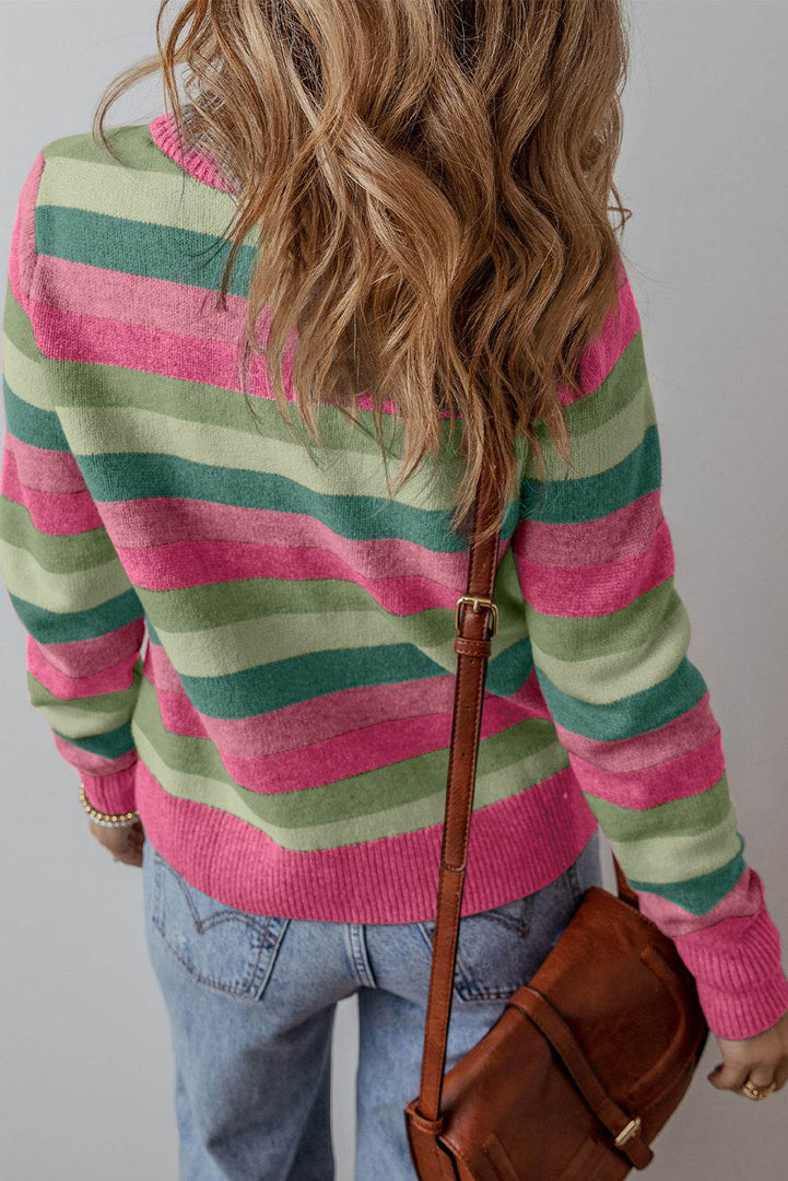 Green Color Block Ribbed Edge Round Neck Sweater - Fashion Queen -  2