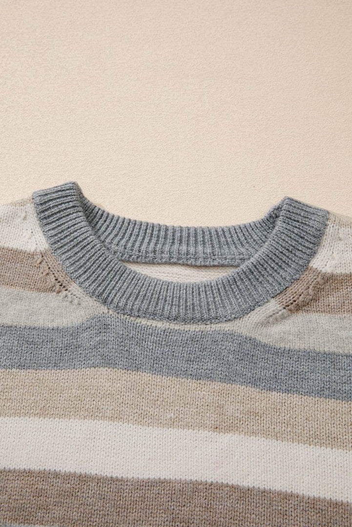 Green Color Block Ribbed Edge Round Neck Sweater - Fashion Queen -  20