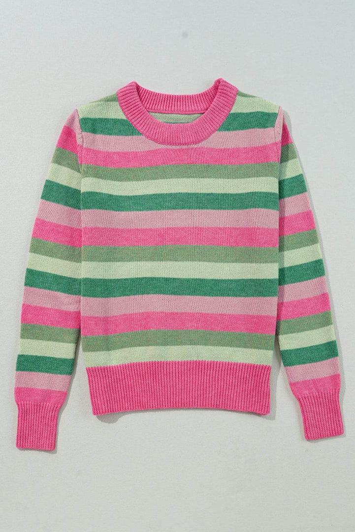 Green Color Block Ribbed Edge Round Neck Sweater - Fashion Queen -  7