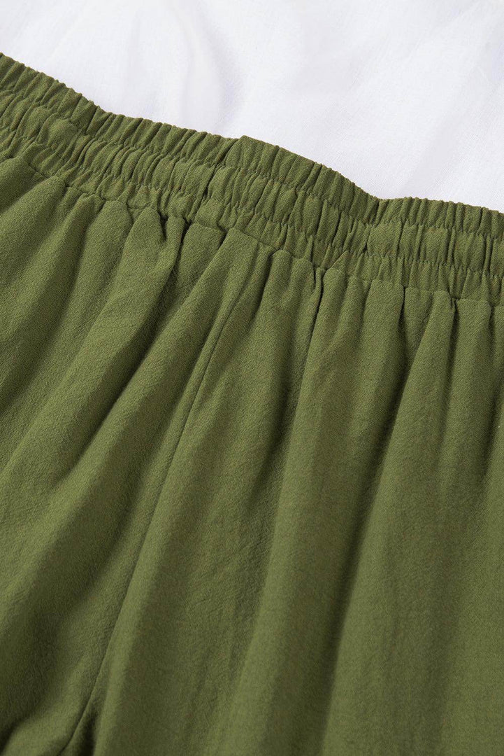 Green Drawstring Elastic Waist Pockets Long Straight Legs Pants - Fashion Queen -  12