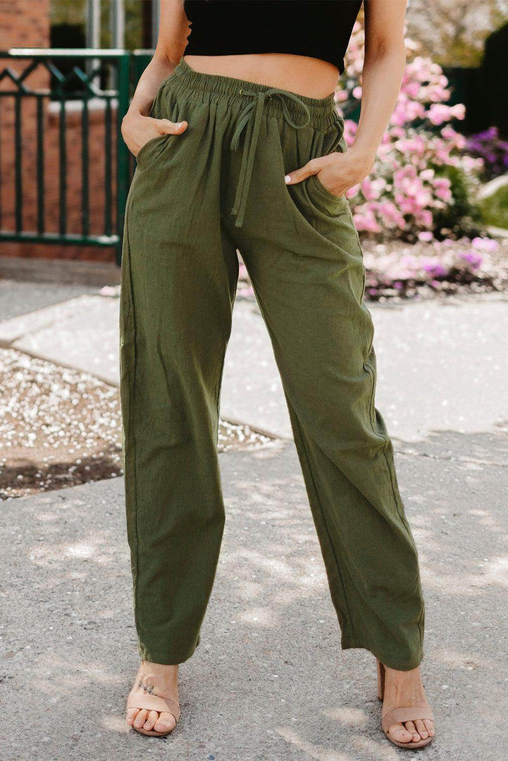 Green Drawstring Elastic Waist Pockets Long Straight Legs Pants - Fashion Queen -  5