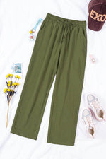 Load image into Gallery viewer, Green Drawstring Elastic Waist Pockets Long Straight Legs Pants - Fashion Queen -  6
