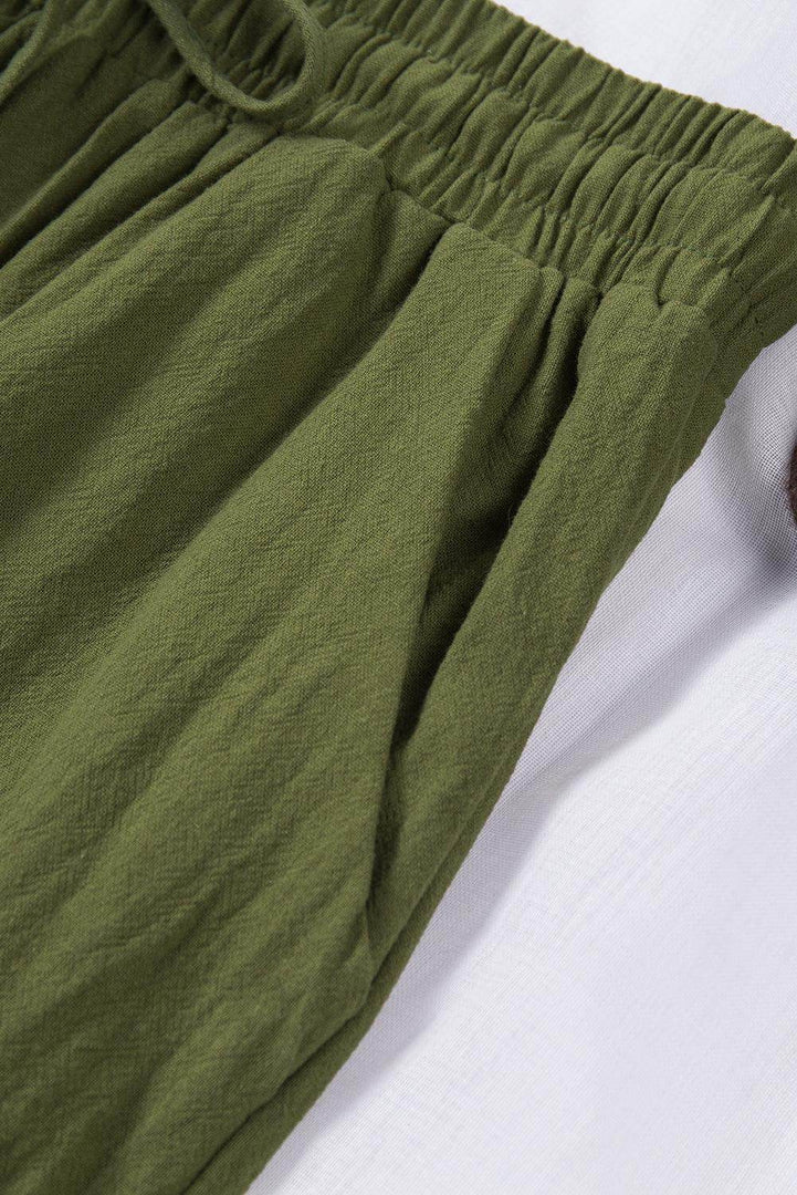 Green Drawstring Elastic Waist Pockets Long Straight Legs Pants - Fashion Queen -  9