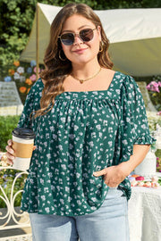 Green Floral Print Square Neck Ruffled Trim Plus Size Blouse - Fashion Queen -  1