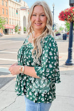 Load image into Gallery viewer, Green Floral Print Square Neck Ruffled Trim Plus Size Blouse - Fashion Queen -  10
