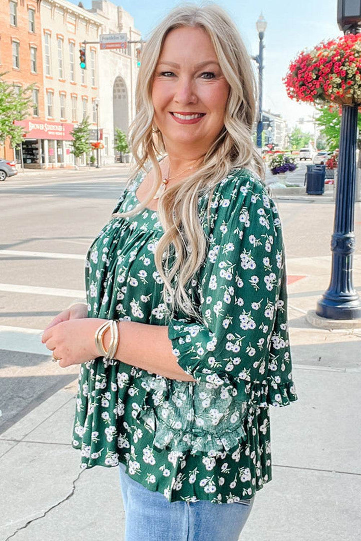 Green Floral Print Square Neck Ruffled Trim Plus Size Blouse - Fashion Queen -  10