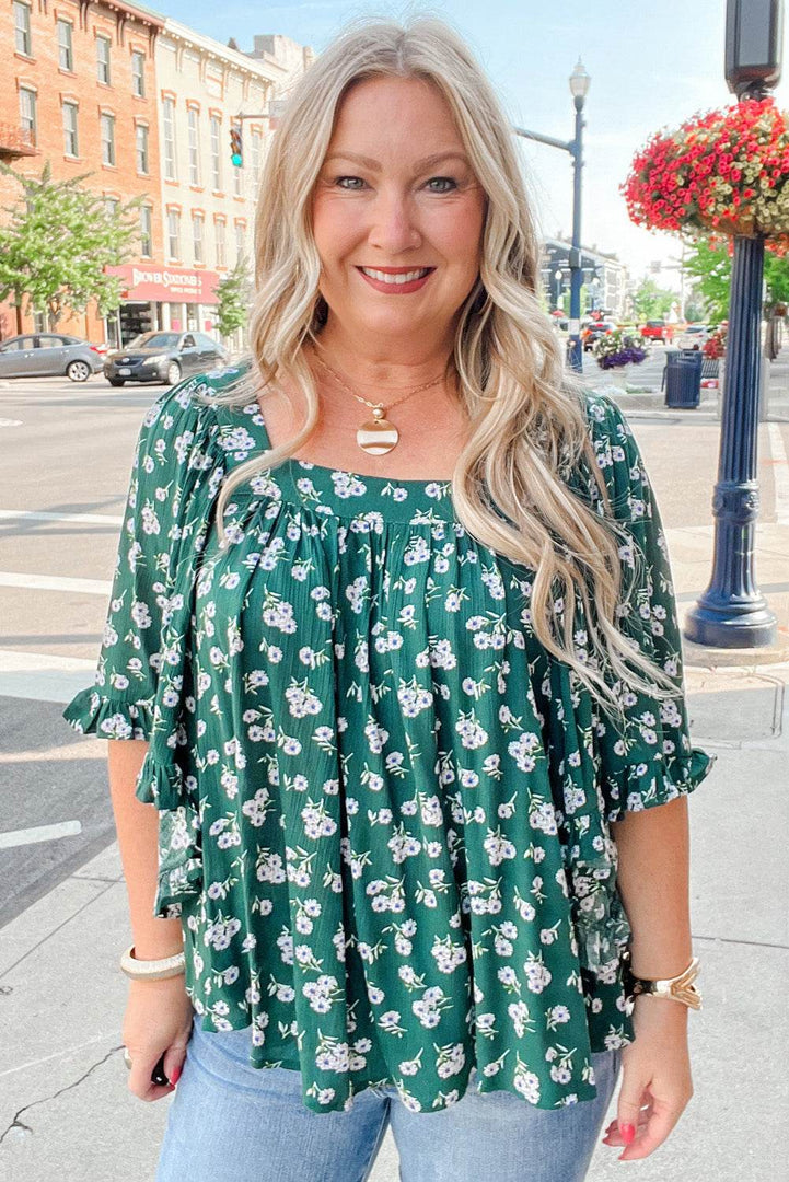 Green Floral Print Square Neck Ruffled Trim Plus Size Blouse - Fashion Queen -  11
