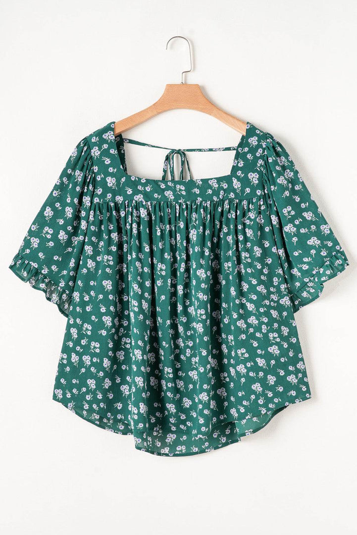 Green Floral Print Square Neck Ruffled Trim Plus Size Blouse - Fashion Queen -  12