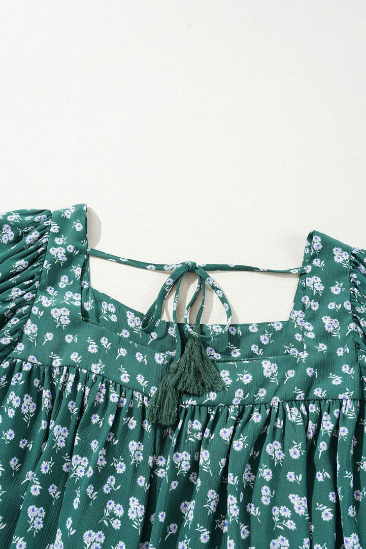 Green Floral Print Square Neck Ruffled Trim Plus Size Blouse - Fashion Queen -  14