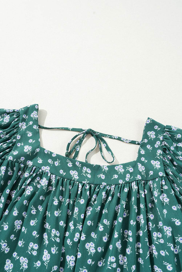 Green Floral Print Square Neck Ruffled Trim Plus Size Blouse - Fashion Queen -  17