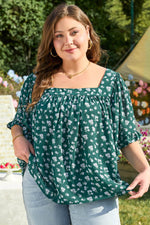 Load image into Gallery viewer, Green Floral Print Square Neck Ruffled Trim Plus Size Blouse - Fashion Queen -  5
